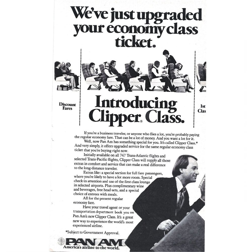 Pan Am Airlines Clipper Class Economy Ticket Upgrade Advertisement Print 1978